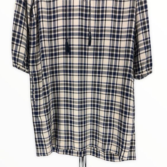 Madewell Navy Cream Plaid Artiste Tunic Dress with Tassels and Pockets - Picture 6 of 13